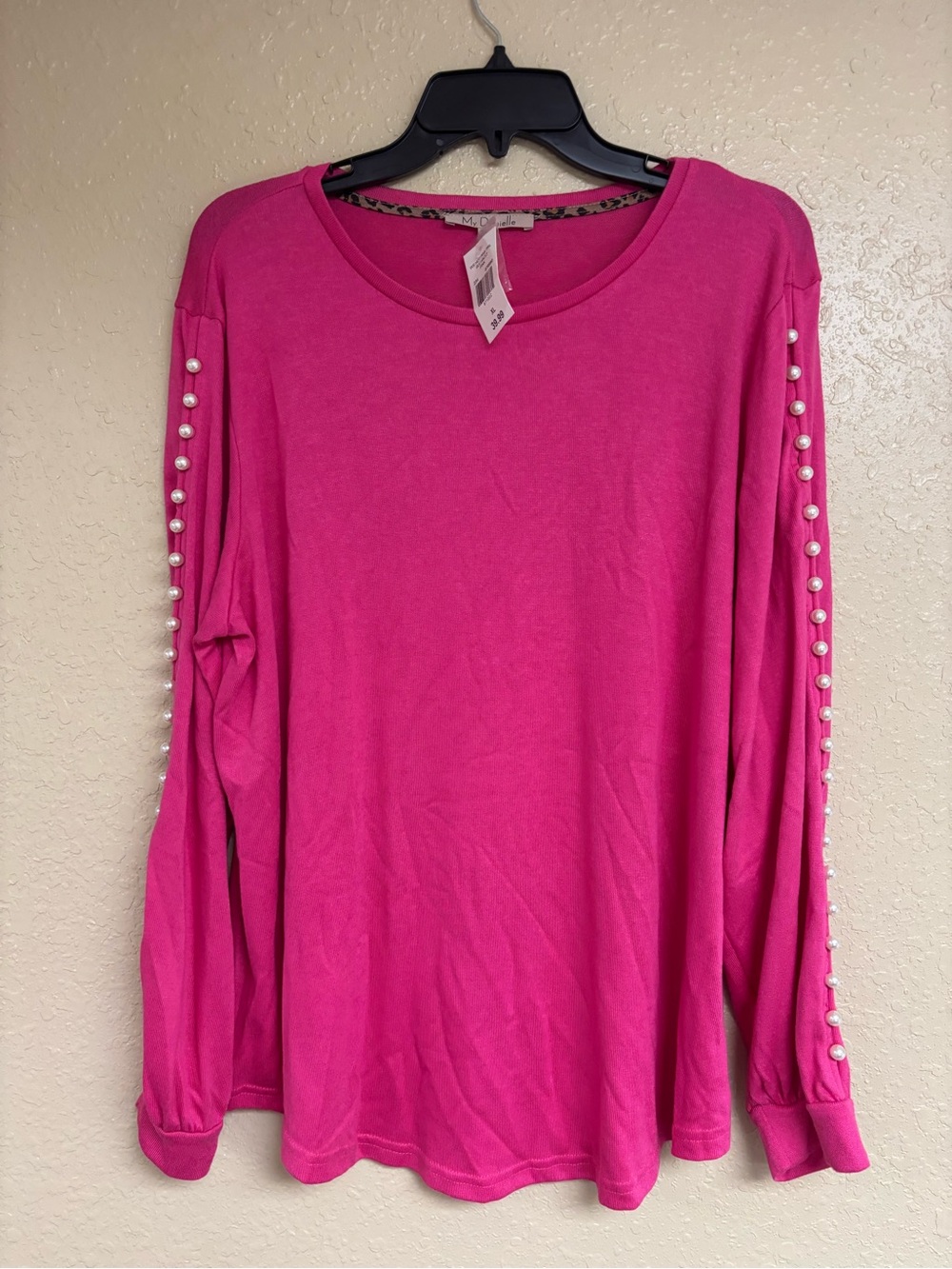 Pearl-Trim Long Sleeve Tee in Fuchsia Pink